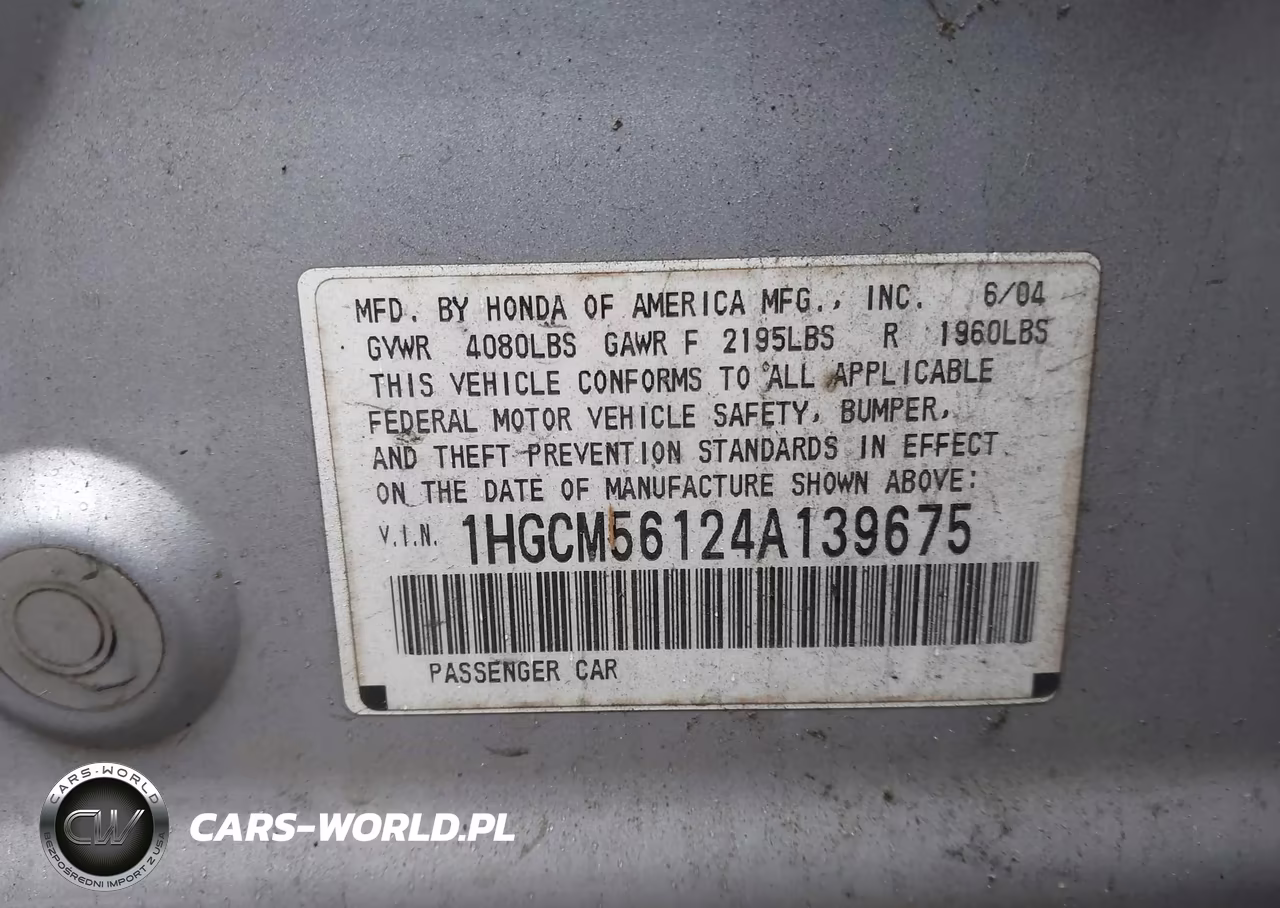 2004 Honda Accord 2.4 Dx VIN:1HGCM56124A139675 - 9