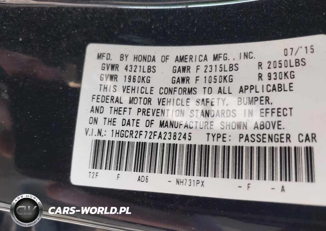 2015 Honda Accord Ex VIN:1HGCR2F72FA238245 - 9
