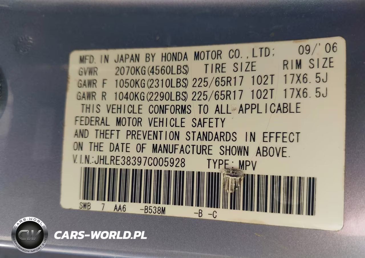2007 Honda Cr-V Lx VIN:JHLRE38397C005928 - 9