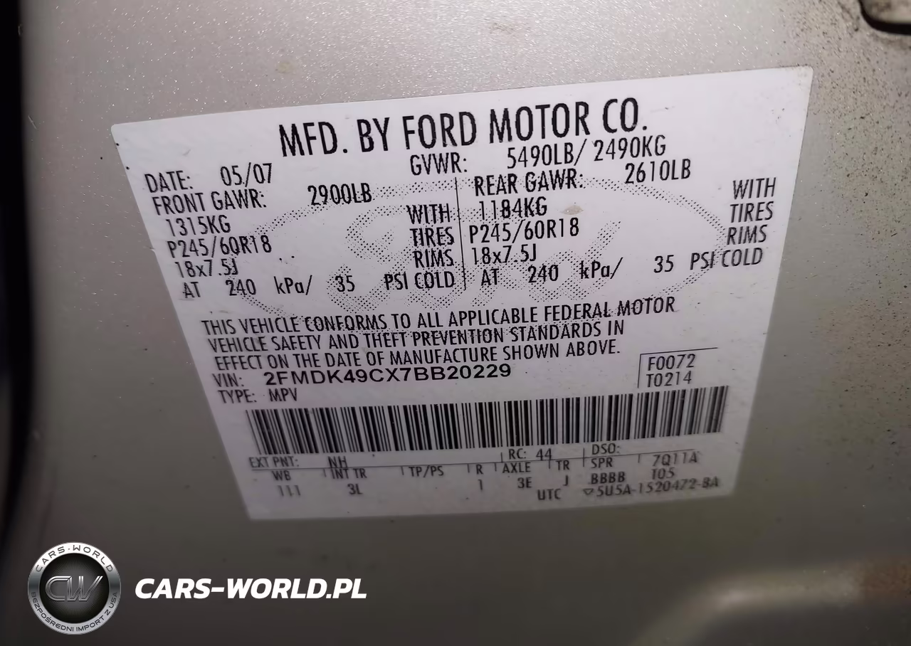 2007 Ford Edge Sel Plus VIN:2FMDK49CX7BB20229 - 9