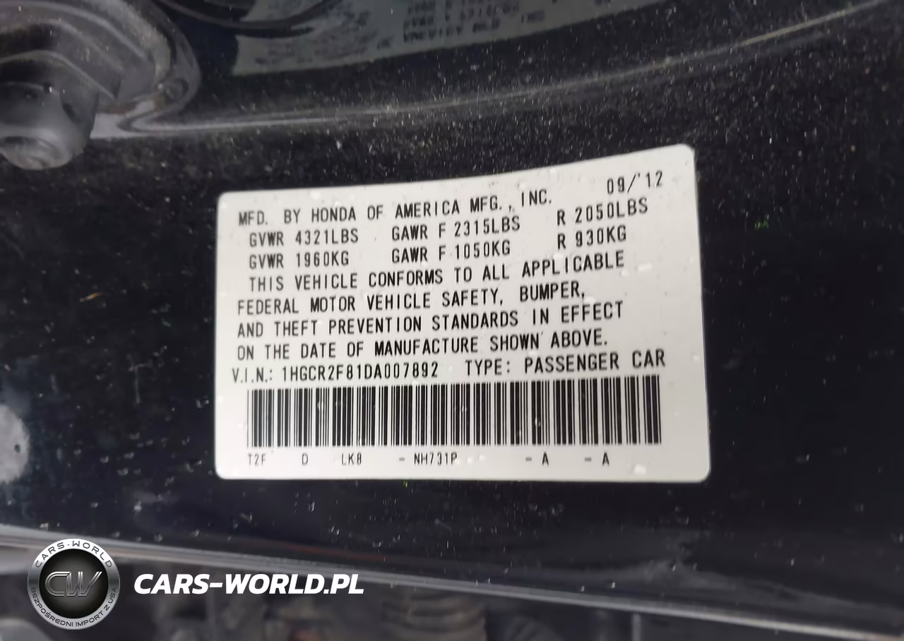 2013 Honda Accord Ex-L VIN:1HGCR2F81DA007892 - 9