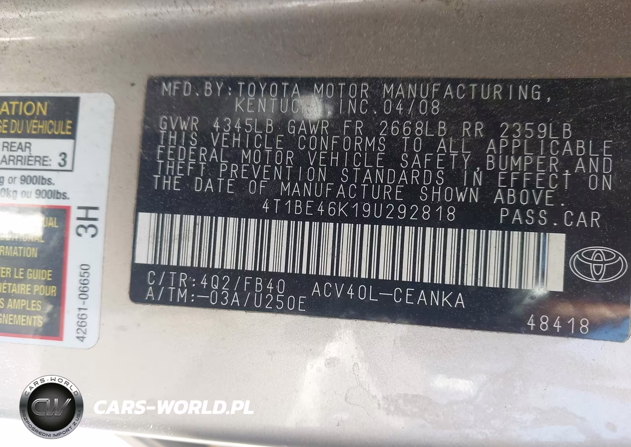 2009 Toyota Camry Le VIN:4T1BE46K19U292818 - 9