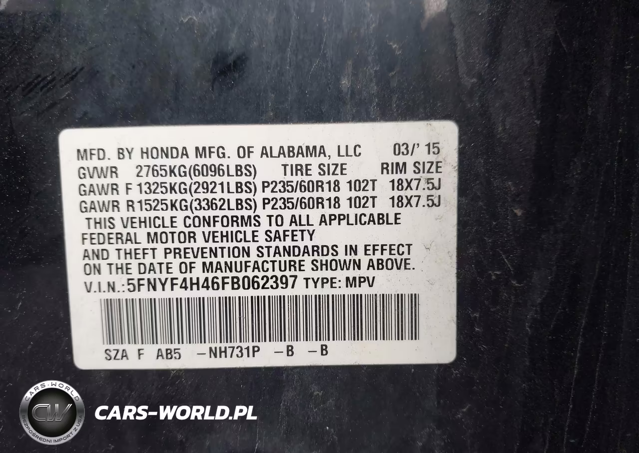 2015 Honda Pilot Ex VIN:5FNYF4H46FB062397 - 9