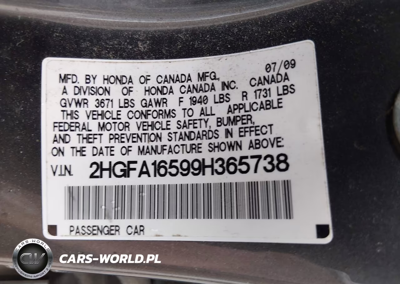 2009 Honda Civic Lx VIN:2HGFA16599H365738 - 9