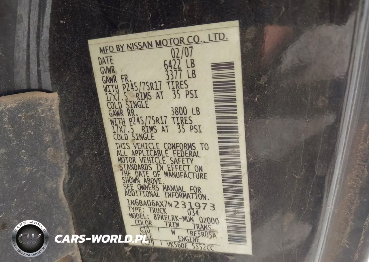 2007 Nissan Titan Xe VIN:1N6BA06AX7N231973 - 9