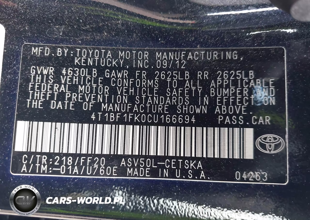 2012 Toyota Camry Se Limited Edition VIN:4T1BF1FK0CU166694 - 9