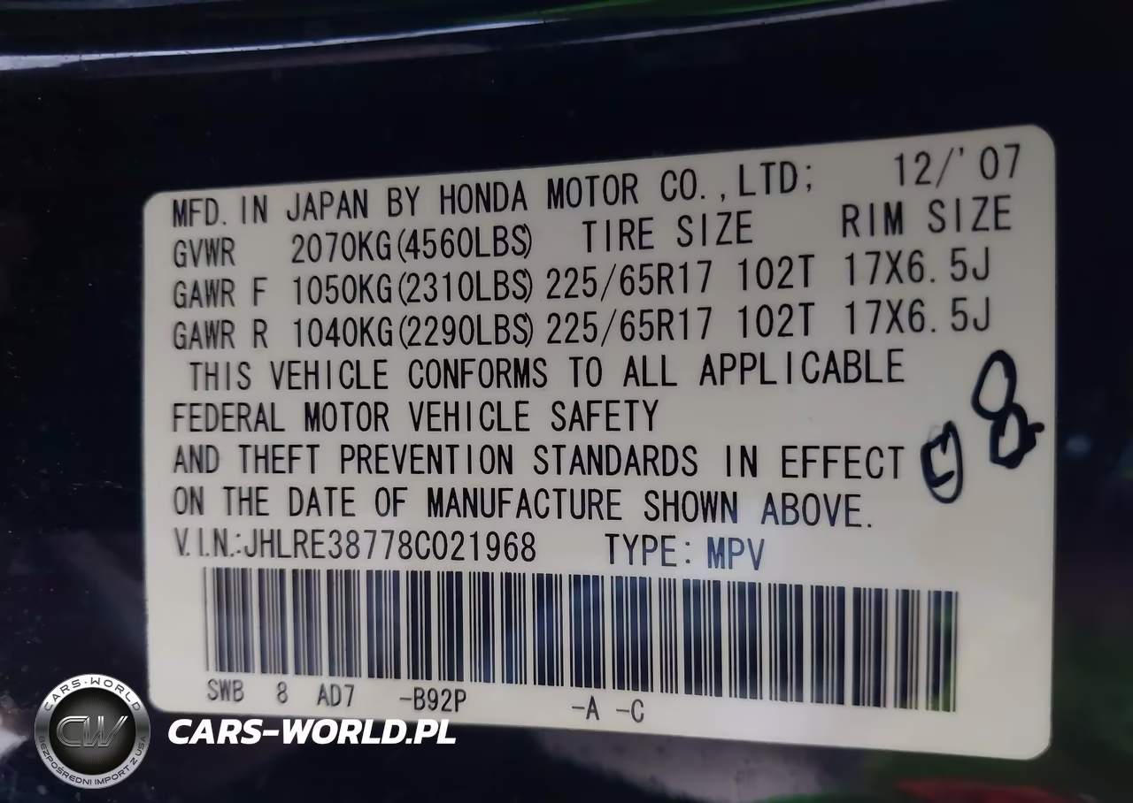 2008 Honda Cr-V Ex-L VIN:JHLRE38778C021968 - 9