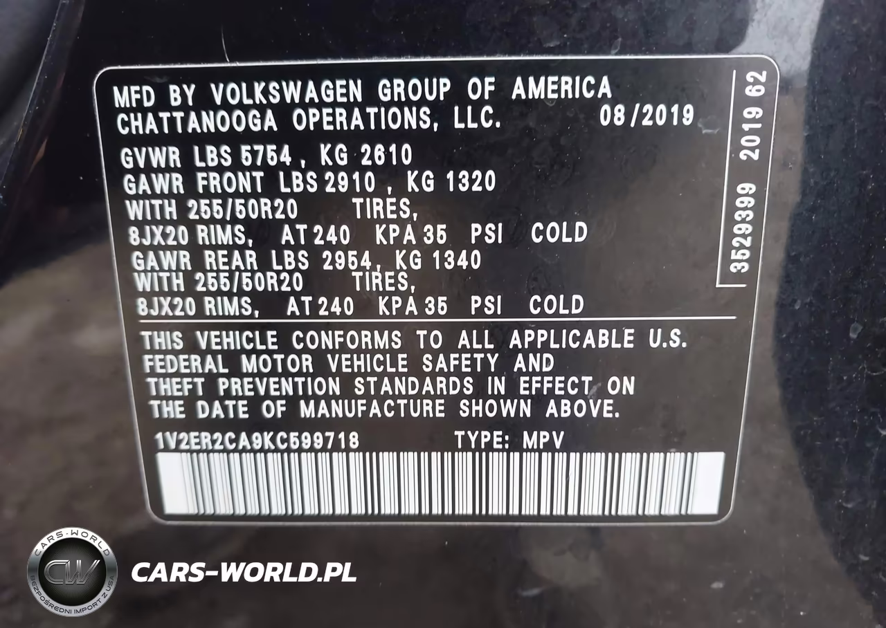 2019 Volkswagen Atlas 3.6L V6 Sel VIN:1V2ER2CA9KC599718 - 9