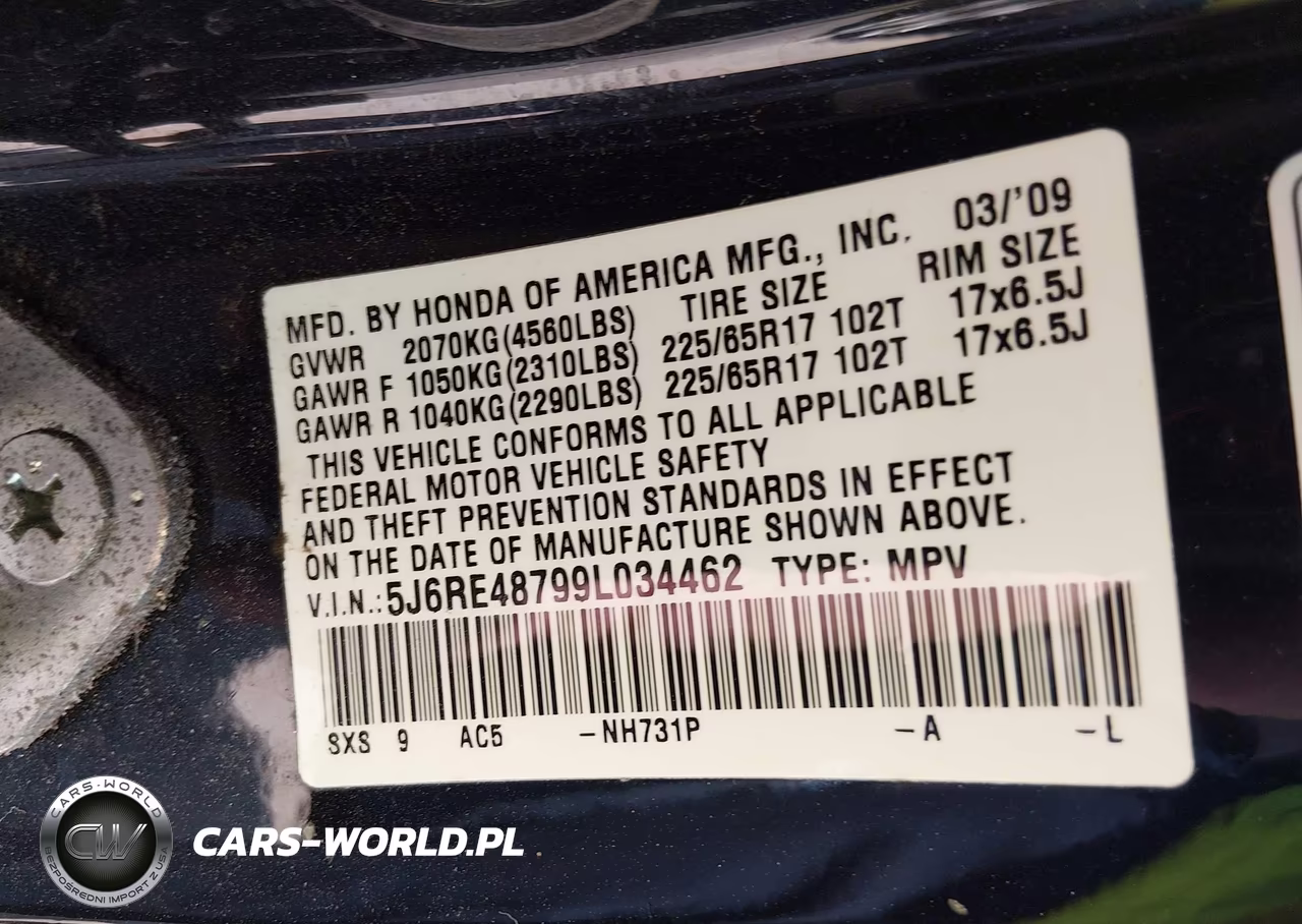 2009 Honda Cr-V Ex-L VIN:5J6RE48799L034462 - 9