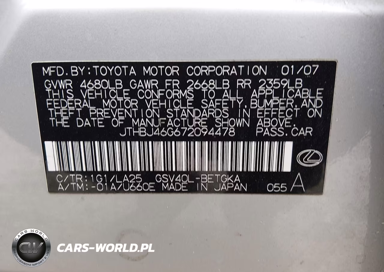 2007 Lexus Es 350 VIN:JTHBJ46G672094478 - 9