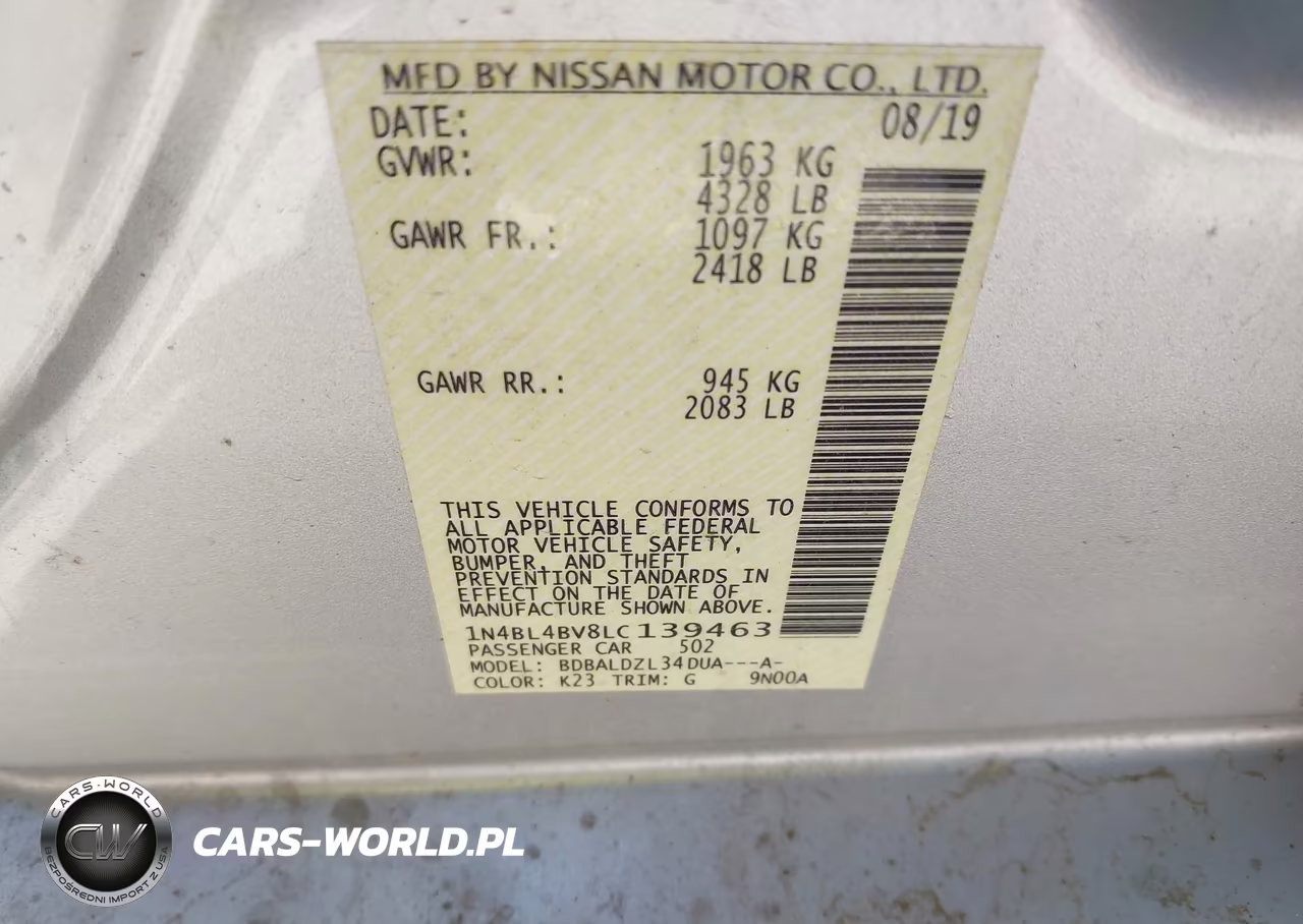 2020 Nissan Altima S Fwd VIN:1N4BL4BV8LC139463 - 9