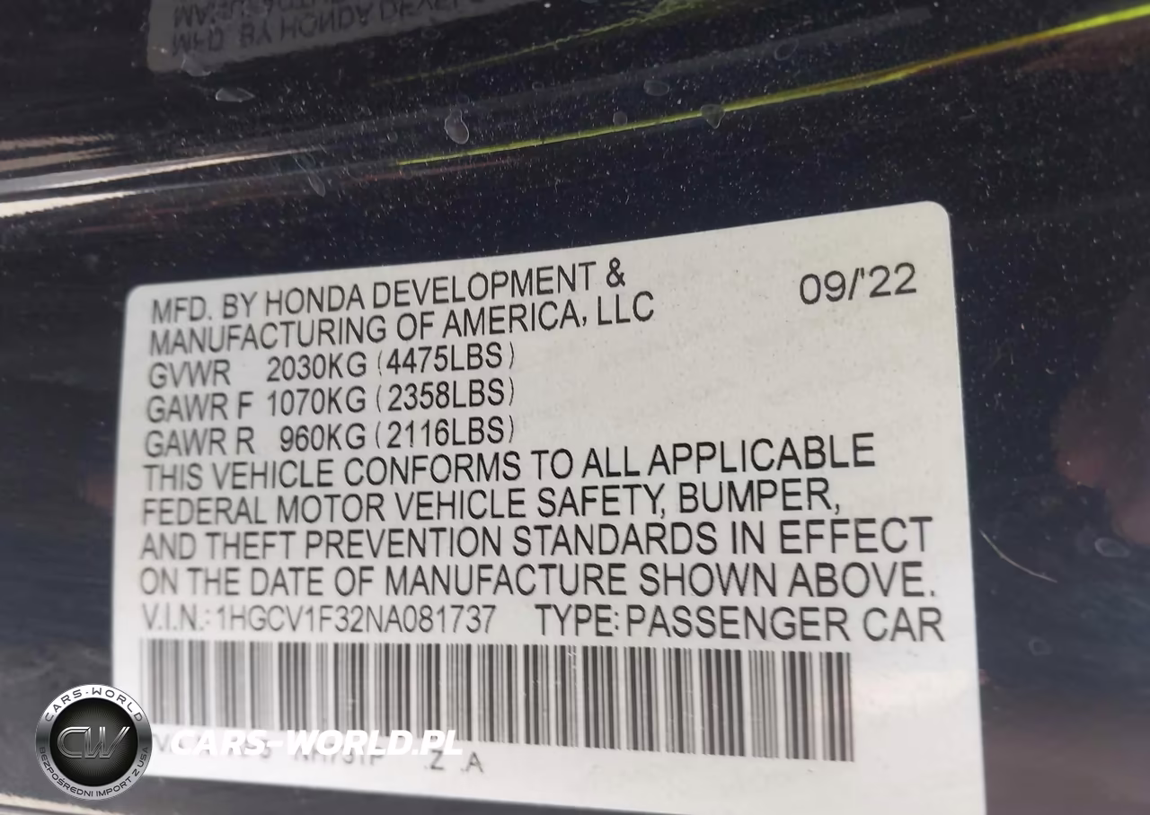 2022 Honda Accord Sport VIN:1HGCV1F32NA081737 - 9