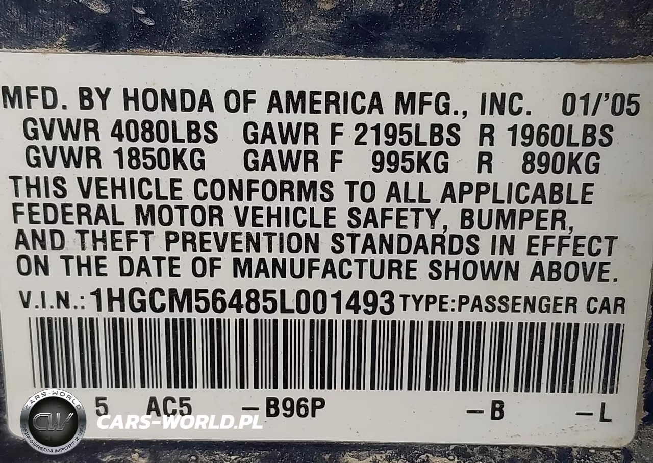2005 Honda Accord 2.4 Lx VIN:1HGCM56485L001493 - 9