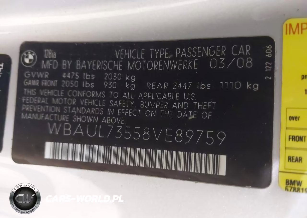 2008 BMW 128I VIN:WBAUL73558VE89759 - 9