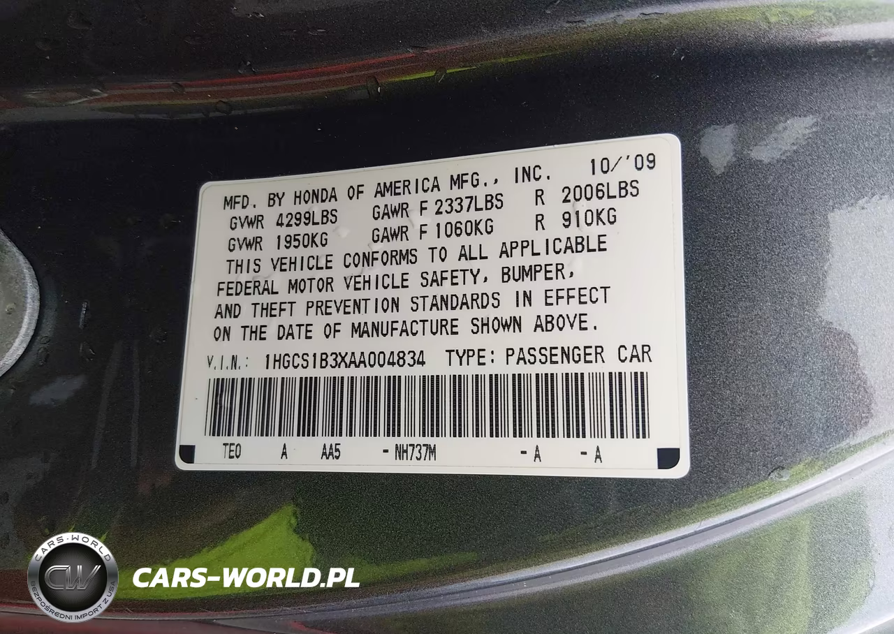 2010 Honda Accord 2.4 Lx-S VIN:1HGCS1B3XAA004834 - 9