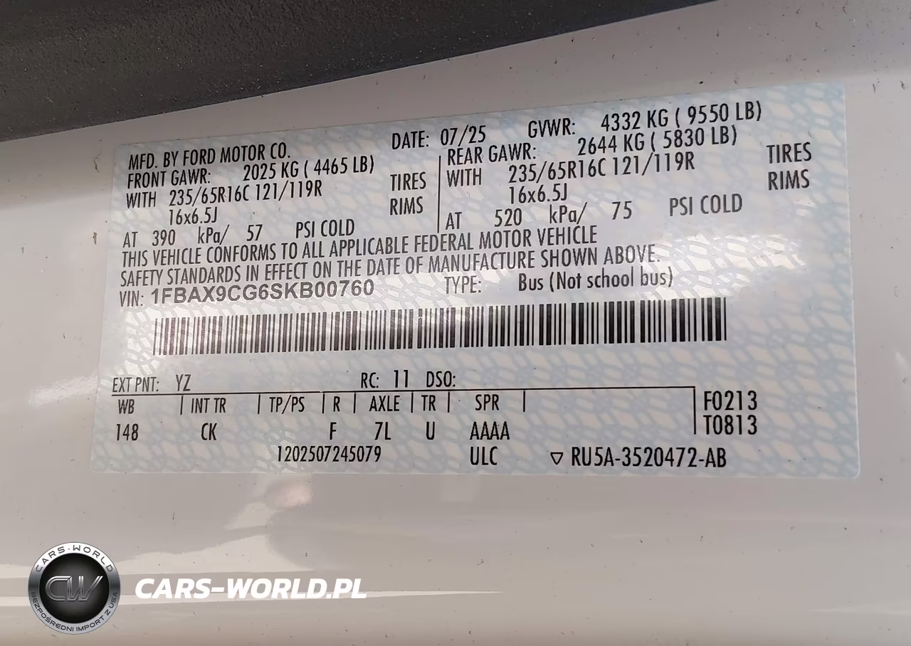 2025 Ford Transit-350 Passenger Van Xlt VIN:1FBAX9CG6SKB00760 - 9