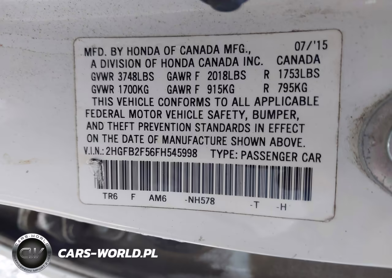 2015 Honda Civic Lx VIN:2HGFB2F56FH545998 - 9