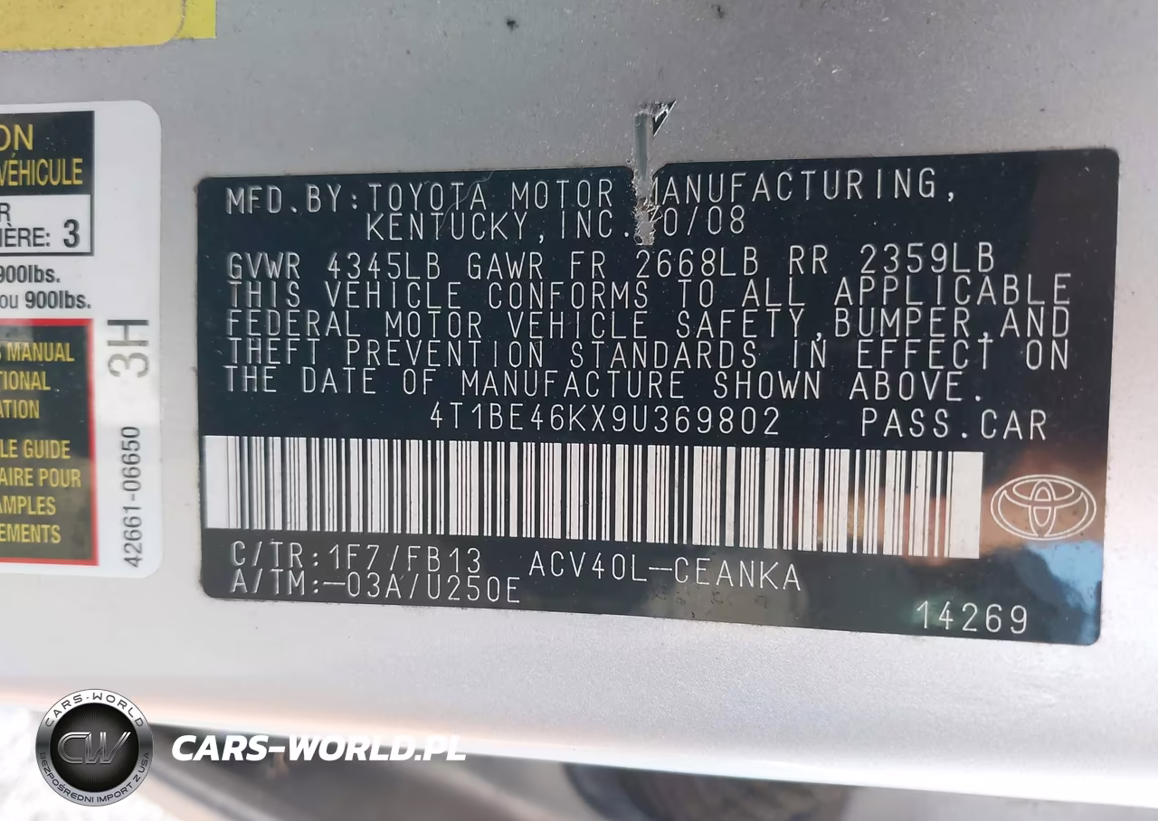 2009 Toyota Camry Le VIN:4T1BE46KX9U369802 - 9