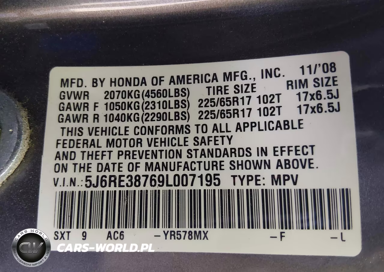 2009 Honda Cr-V Ex-L VIN:5J6RE38769L007195 - 9