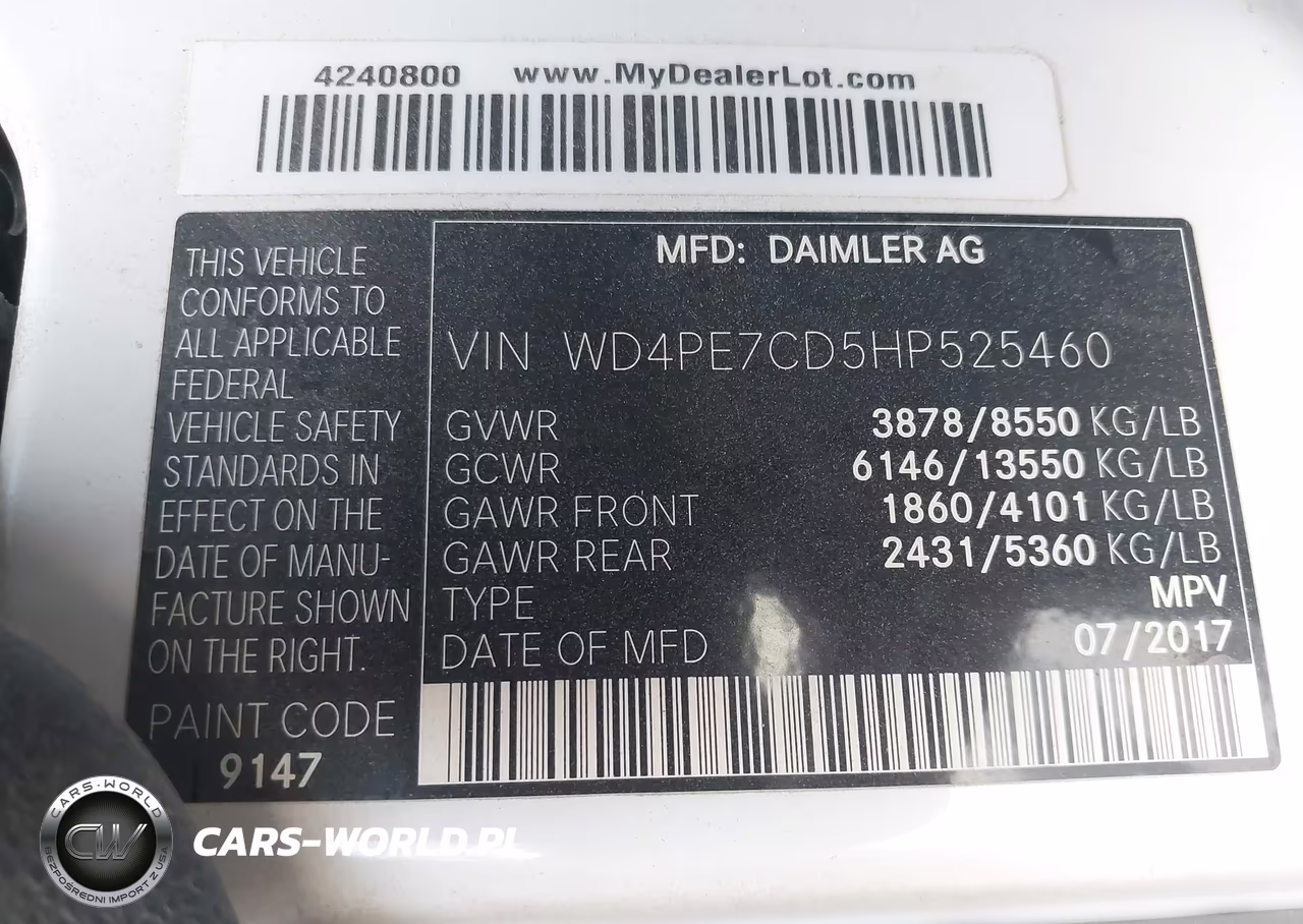 2017 Mercedes-Benz Sprinter 2500 Standard Roof V6 VIN:WD4PE7CD5HP525460 - 9