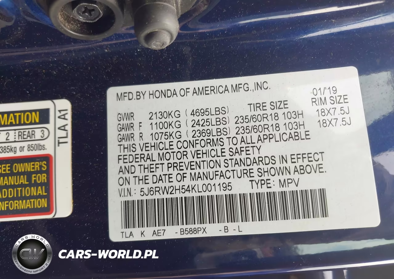 2019 Honda Cr-V Ex VIN:5J6RW2H54KL001195 - 9