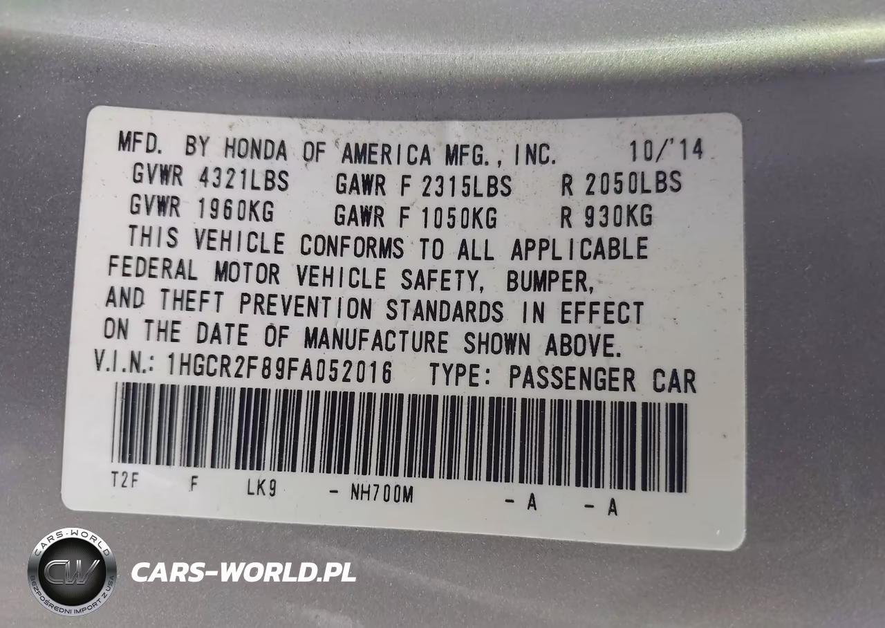 2015 Honda Accord Ex-L VIN:1HGCR2F89FA052016 - 9