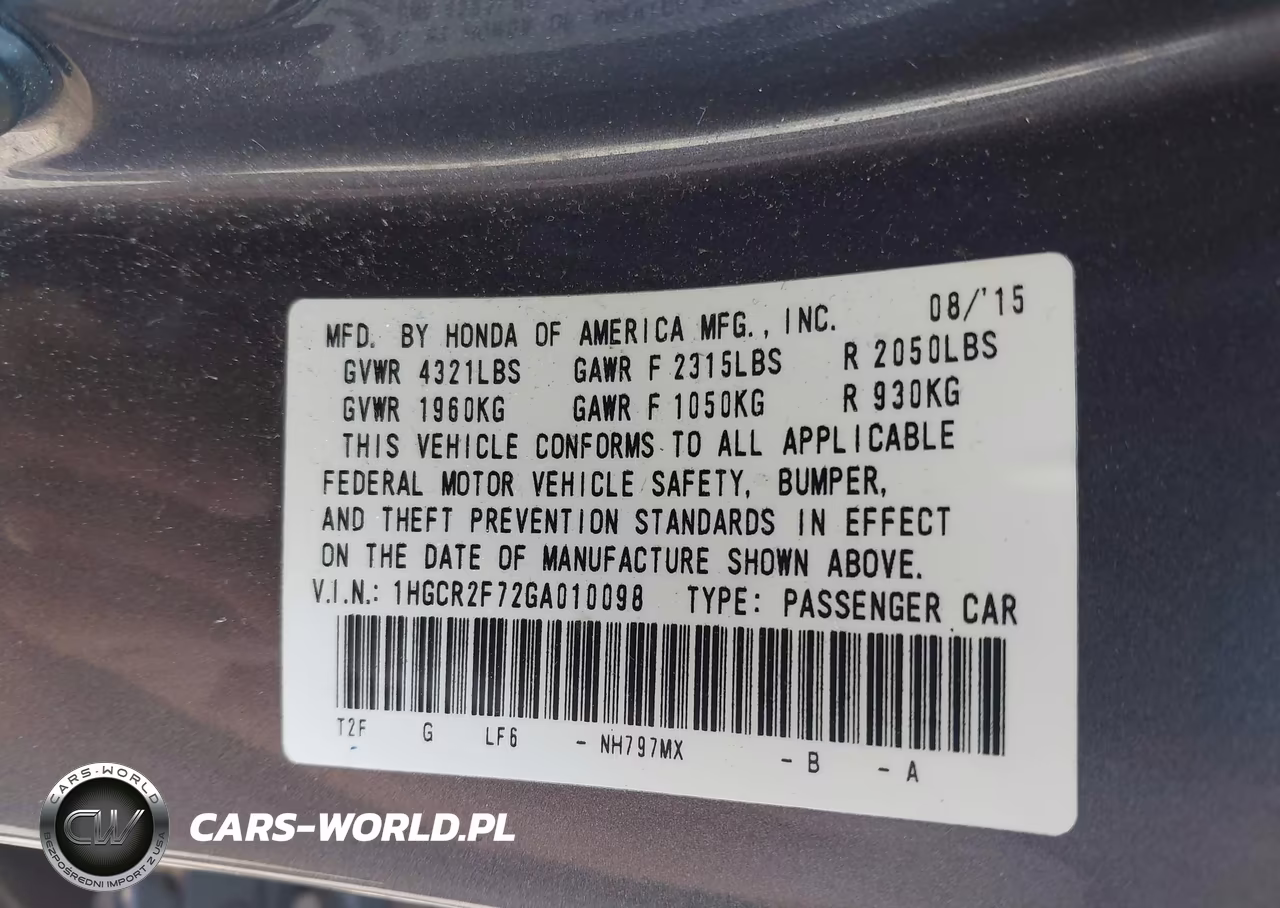 2016 Honda Accord Ex VIN:1HGCR2F72GA010098 - 9