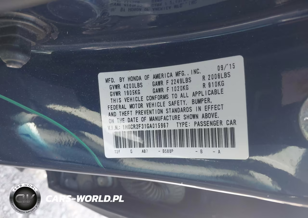 2016 Honda Accord Lx VIN:1HGCR2F31GA015967 - 9