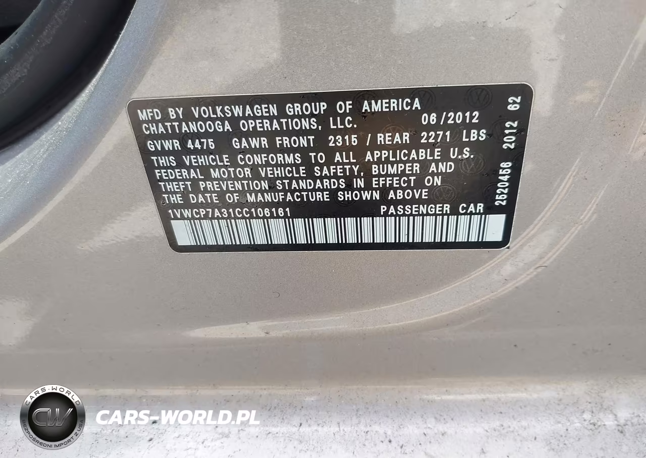 2012 Volkswagen Passat 2.5L Sel VIN:1VWCP7A31CC106161 - 9