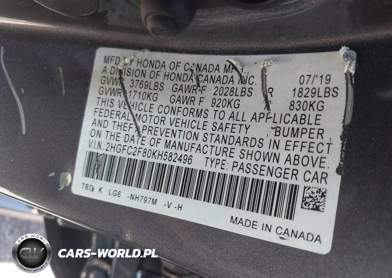 2019 Honda Civic Sport VIN:2HGFC2F80KH582496 - 9