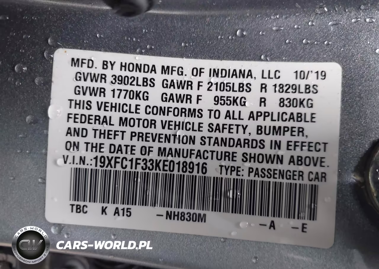 2019 Honda Civic Ex VIN:19XFC1F33KE018916 - 9