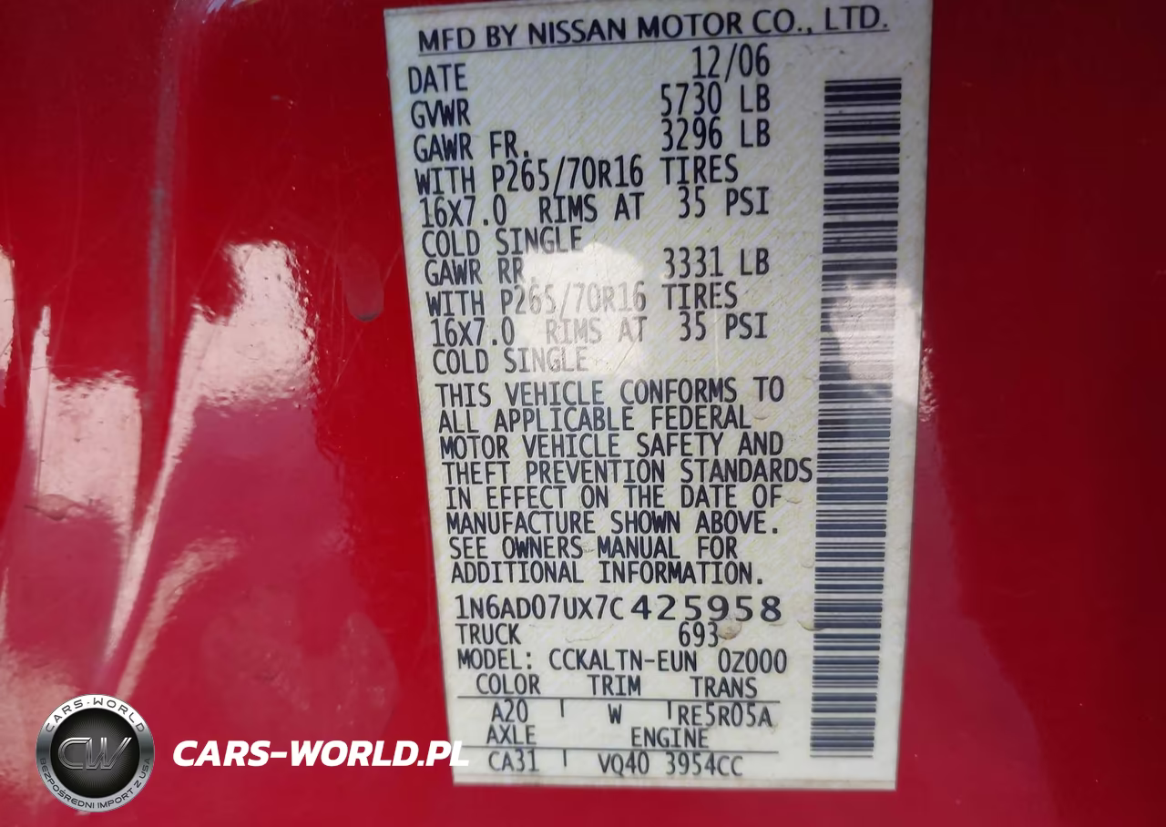 2007 Nissan Frontier Se VIN:1N6AD07UX7C425958 - 9