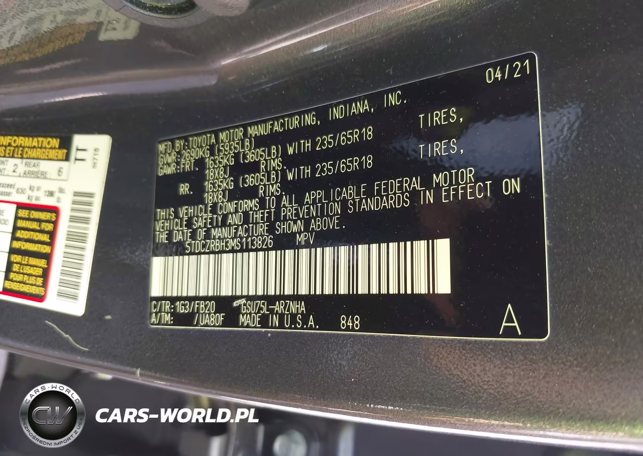 2021 Toyota Highlander L VIN:5TDCZRBH3MS113826 - 9