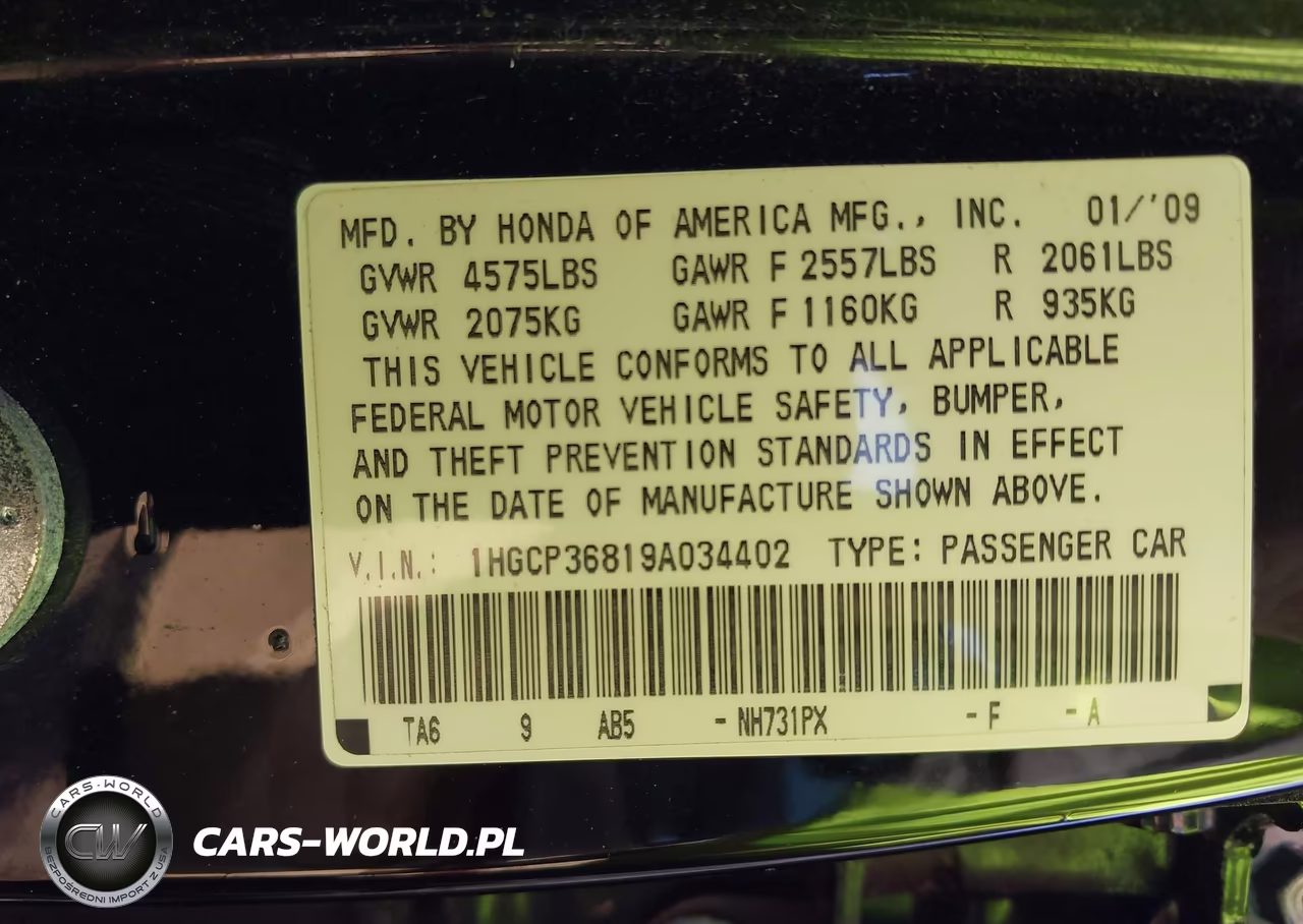 2009 Honda Accord 3.5 Ex-L VIN:1HGCP36819A034402 - 9