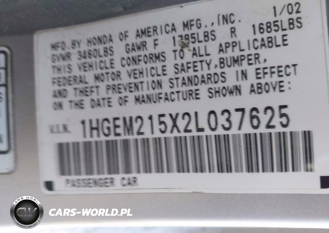2002 Honda Civic Lx VIN:1HGEM215X2L037625 - 9