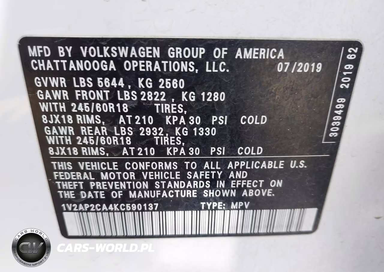 2019 Volkswagen Atlas 2.0T S VIN:1V2AP2CA4KC590137 - 9