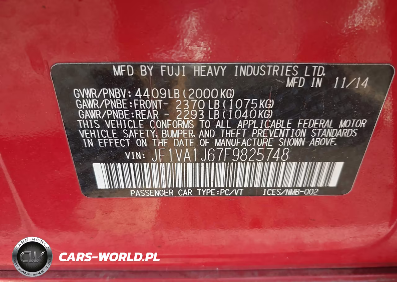 2015 Subaru Wrx Limited VIN:JF1VA1J67F9825748 - 9