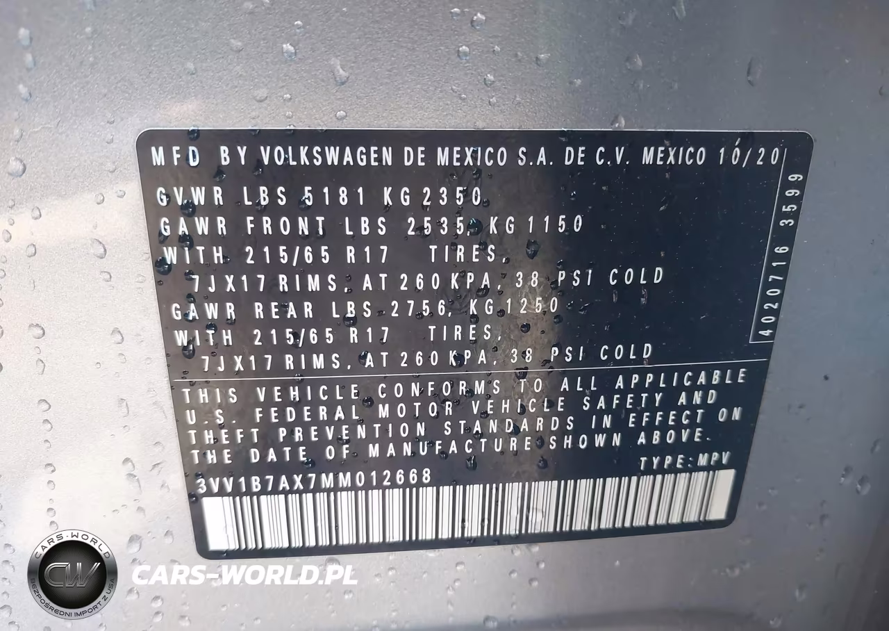 2021 Volkswagen Tiguan 2.0T S VIN:3VV1B7AX7MM012668 - 9