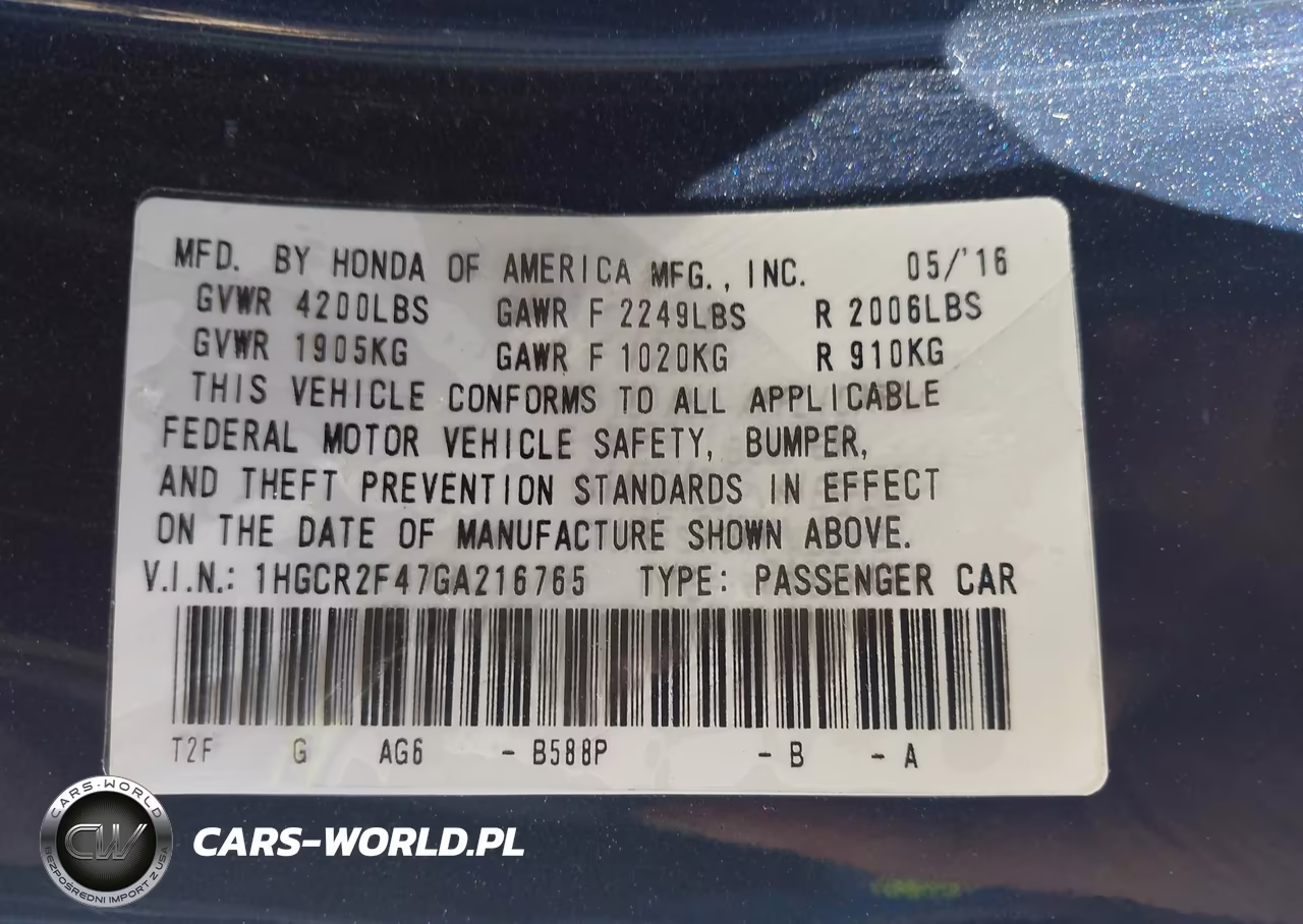 2016 Honda Accord Lx VIN:1HGCR2F47GA216765 - 9