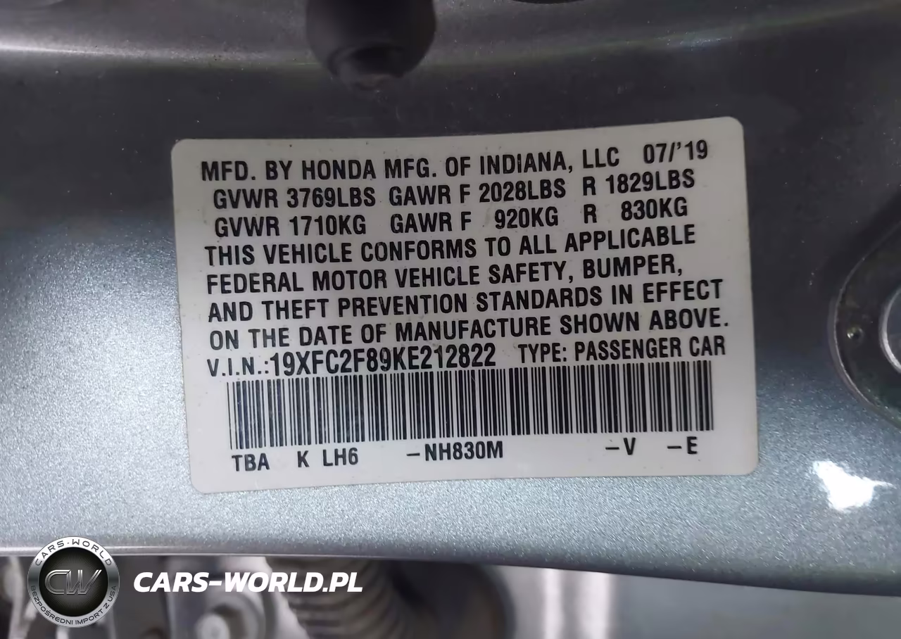 2019 Honda Civic Sport VIN:19XFC2F89KE212822 - 9
