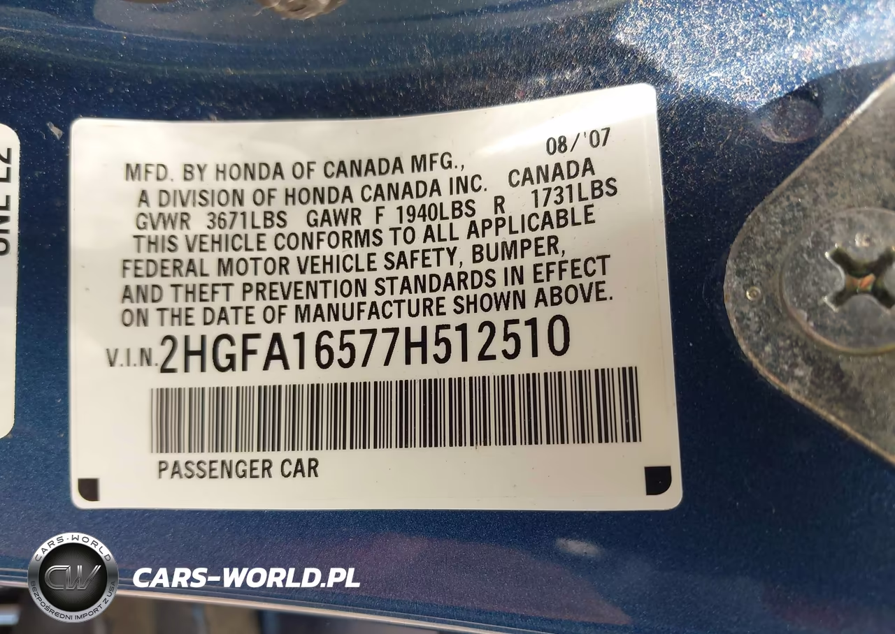 2007 Honda Civic Lx VIN:2HGFA16577H512510 - 9