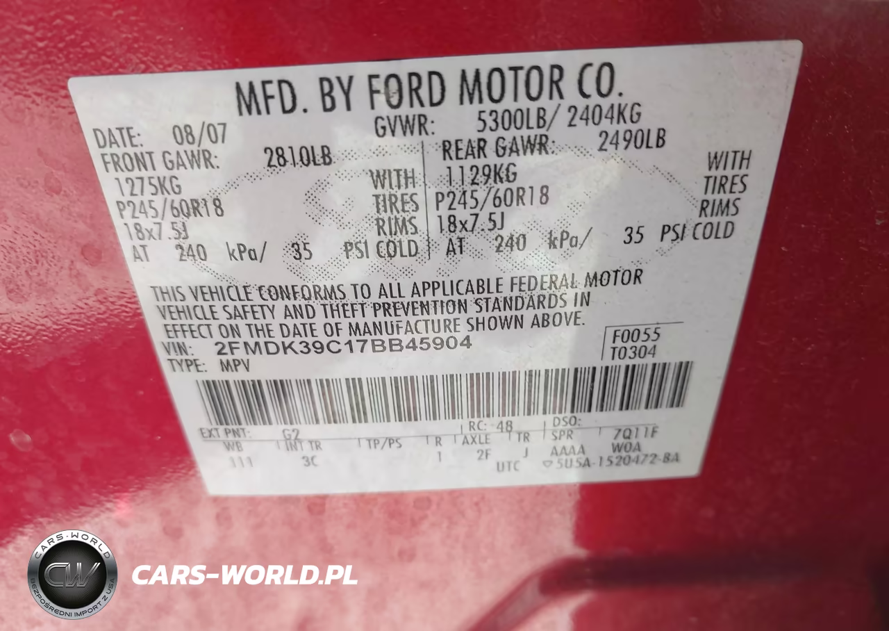 2007 Ford Edge Sel Plus VIN:2FMDK39C17BB45904 - 9
