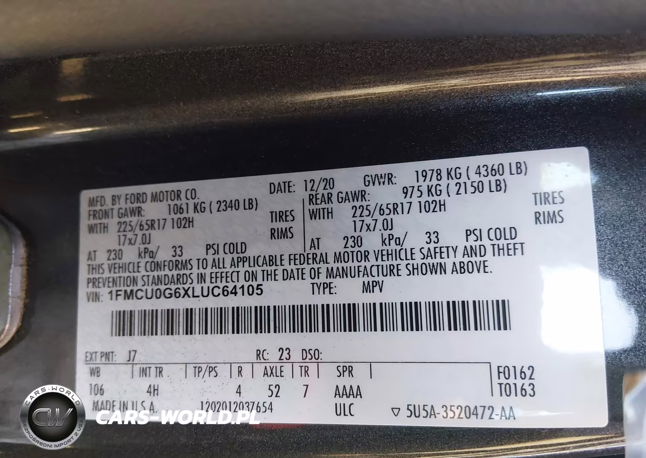 2020 Ford Escape Se VIN:1FMCU0G6XLUC64105 - 9