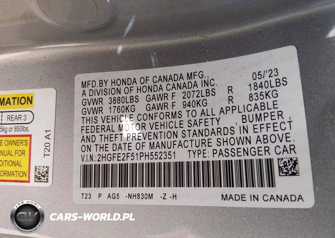 2023 Honda Civic Sport VIN:2HGFE2F51PH552351 - 9