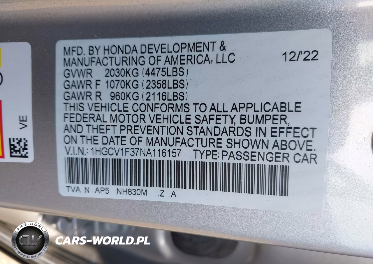 2022 Honda Accord Sport VIN:1HGCV1F37NA116157 - 9