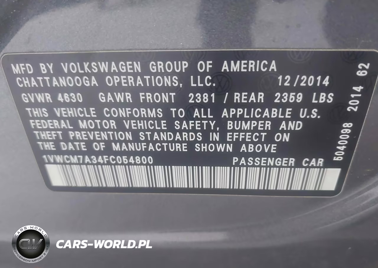 2015 Volkswagen Passat 3.6L V6 Sel Premium VIN:1VWCM7A34FC054800 - 9