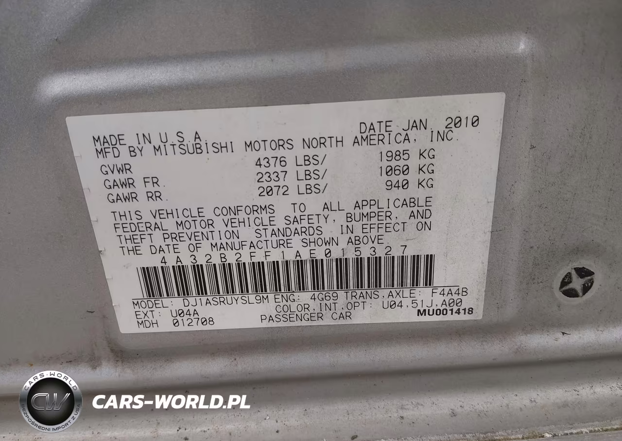 2010 Mitsubishi Galant Fe VIN:4A32B2FF1AE015327 - 9