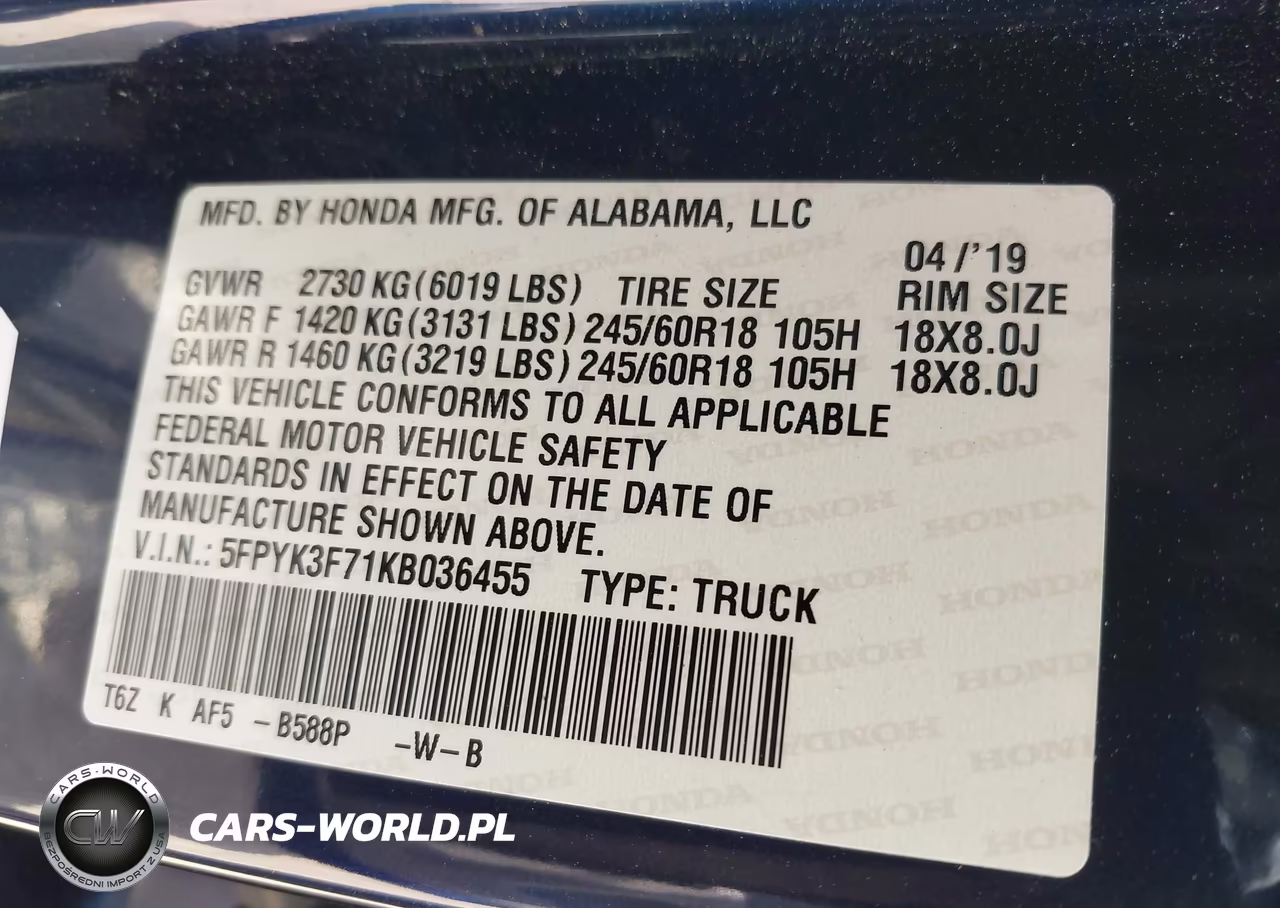 2019 Honda Ridgeline Rtl-E VIN:5FPYK3F71KB036455 - 9