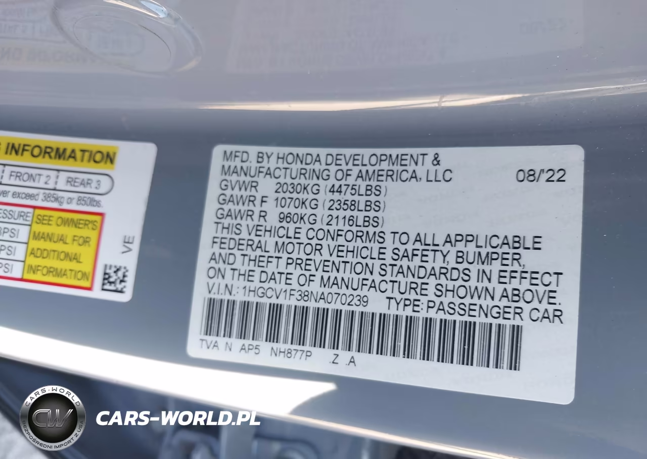 2022 Honda Accord Sport VIN:1HGCV1F38NA070239 - 9