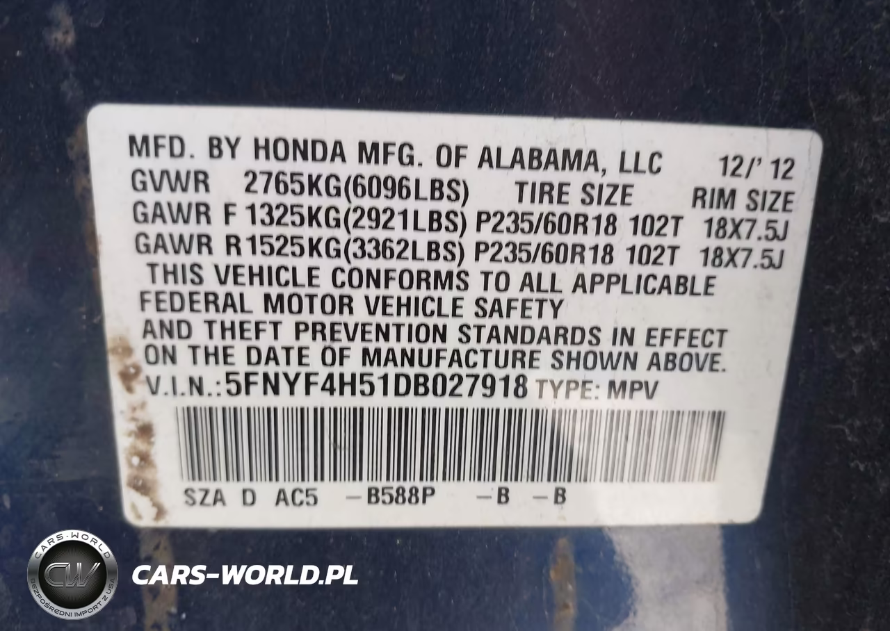 2013 Honda Pilot Ex-L VIN:5FNYF4H51DB027918 - 9